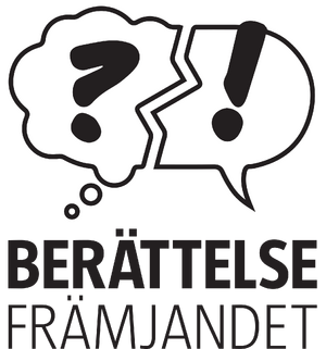 A thought bubble with a question mark, a speech bubble with an exclamation mark and the text Berättelsefrämjandet