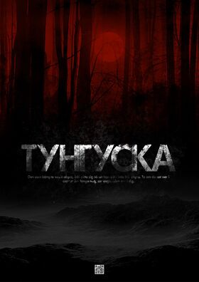 A red sky with a full moon seen through the silhouette of trees of a forest. In the foreground the word Tunguska in white.