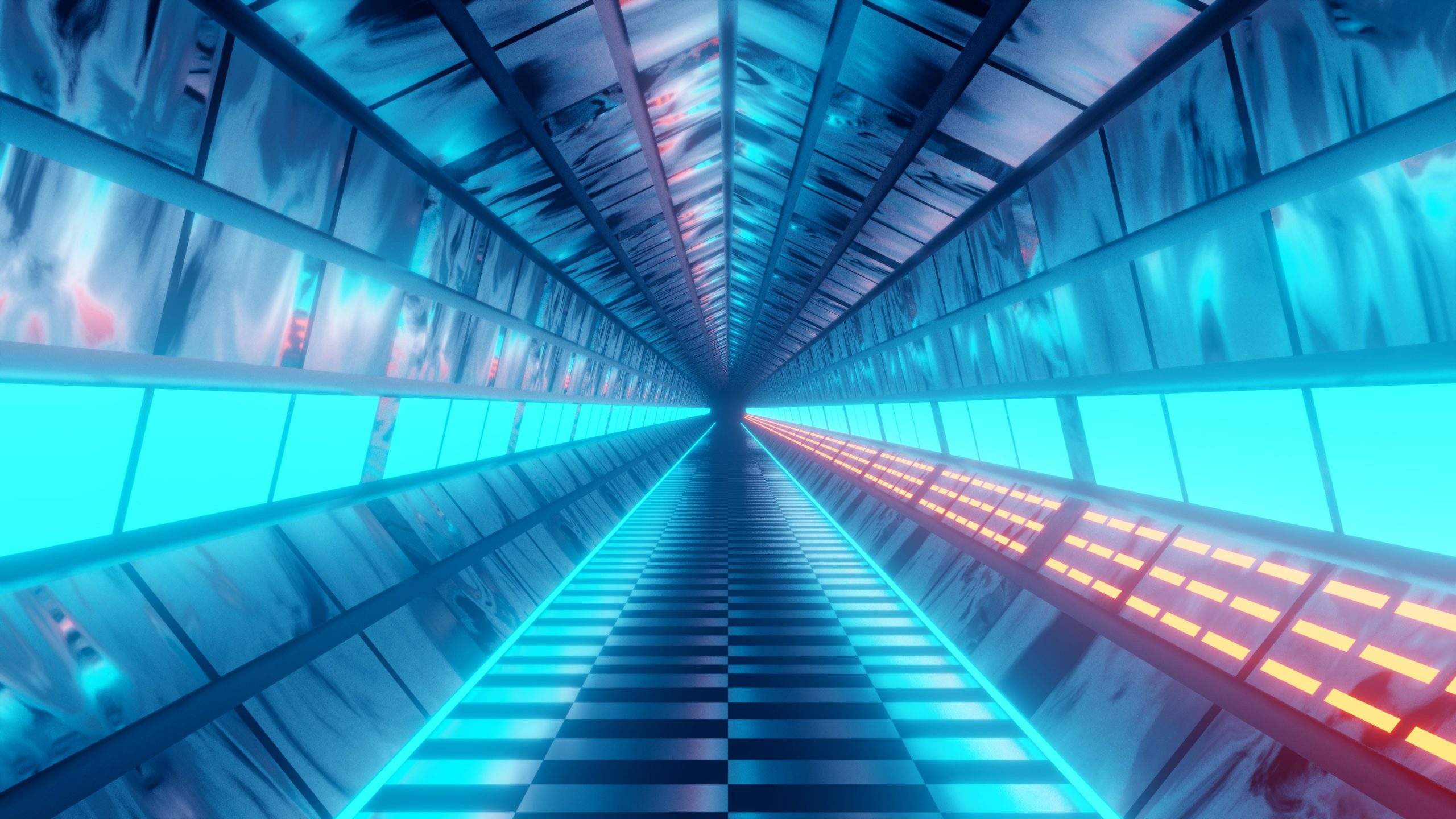 Image of a walkway on a spaceship with blue light