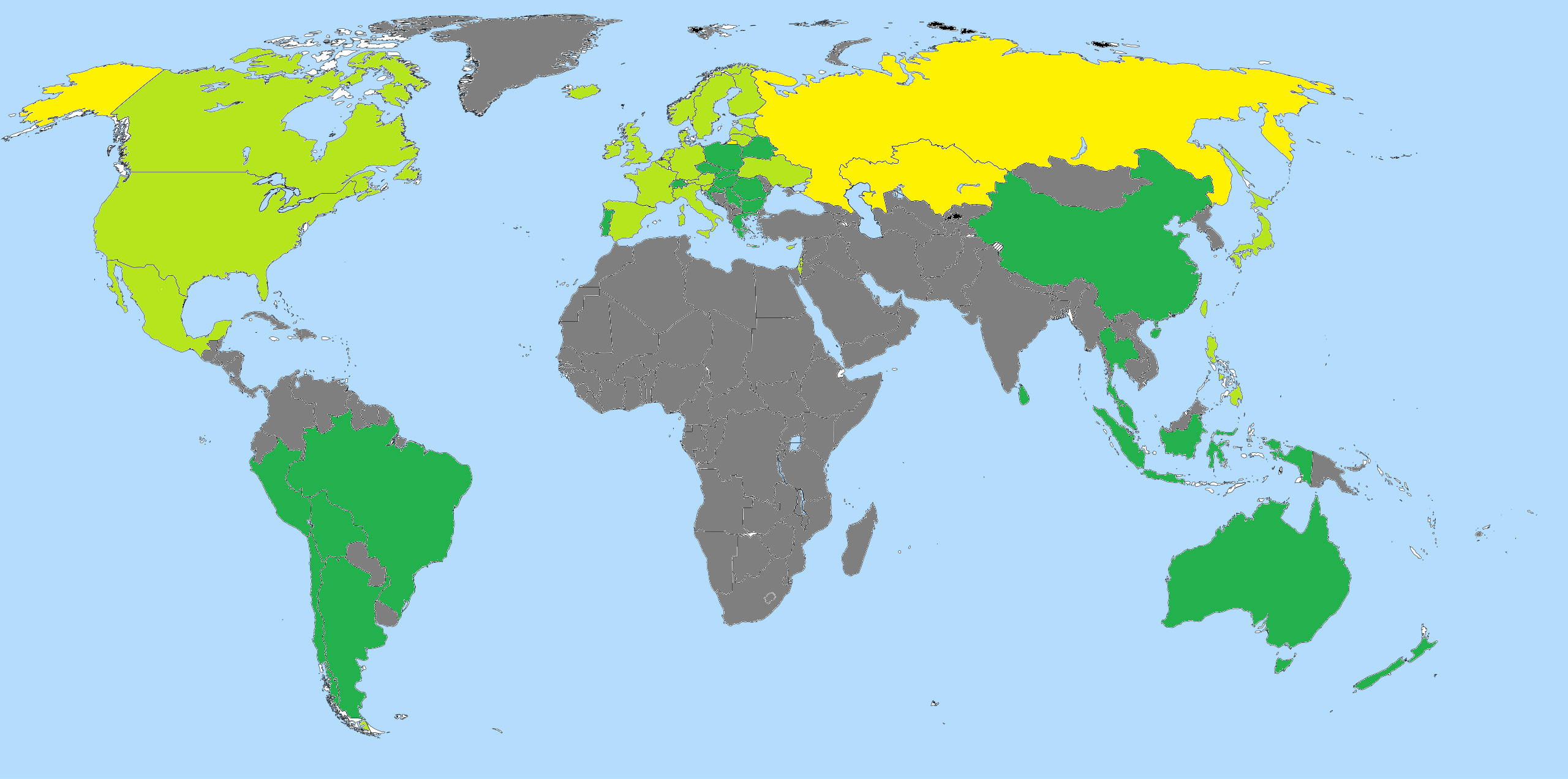 Map of the world showing which countries are covered by articles